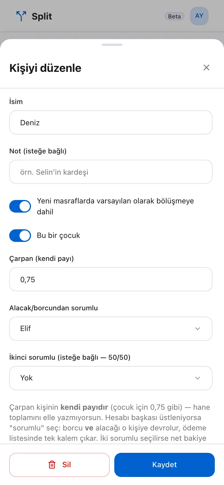 Kişi düzenleme: çocuk, çarpan 0,75 ve sorumlu kişi